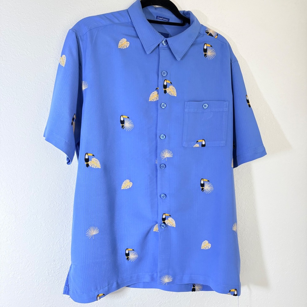 Weekender Toucan Embroidered Shirt Large Blue Excellent Tropical Button Down